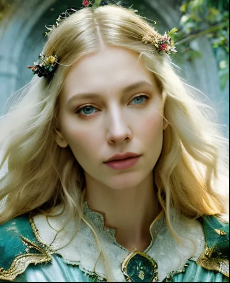 imagem arafada de uma mulher com olhos azuis e um vestido amarelo, sinistro granulado espiritual, em uma mistura de estilo de botticelli, Galadriel, retrato close-up da deusa, com olhos assombrados e cabelos cacheados, Granulado, pintura digital renascenti...