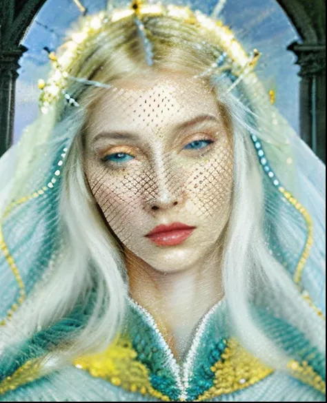 imagem arafada de uma mulher com olhos azuis e um vestido amarelo, sinistro granulado espiritual, em uma mistura de estilo de botticelli, Galadriel, retrato close-up da deusa, com olhos assombrados e cabelos cacheados, Granulado, pintura digital renascenti...