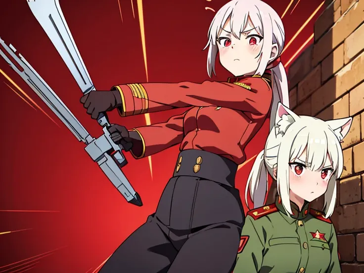 Soviet military uniform anime style red flag girl with cat ears, white hair, red pupils, cute, small breasts, single ponytail, blushing, red star, sickle and hammer