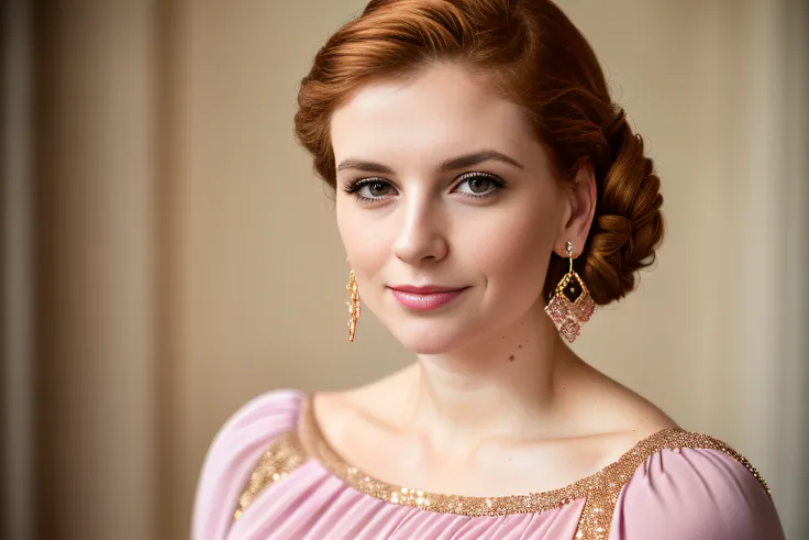 Fide woman wearing pink dress and gold earrings, Portrait of Sophie Mulder, Soft portrait shooting 8K, Shot with Canon eos r 5, shot with Canon EOS R5, 70 mm portrait, author：Raphael Colin, 60 mm portrait, Anastasia Ovchinnikova, 50 mm portrait, julia goro...