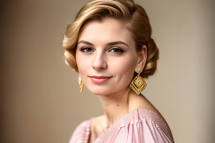 Fide woman wearing pink dress and gold earrings, Portrait of Sophie Mulder, Soft portrait shooting 8K, Shot with Canon eos r 5, shot with Canon EOS R5, 70 mm portrait, author：Raphael Colin, 60 mm portrait, Anastasia Ovchinnikova, 50 mm portrait, julia goro...