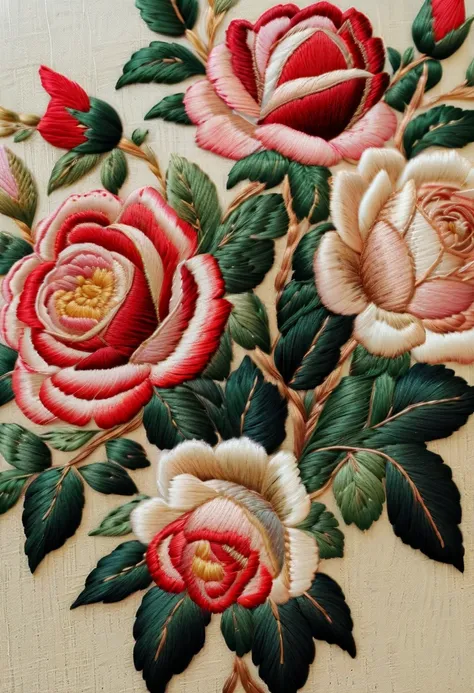 best quality, masterpiece, embroidery closeup, an embroidery of roses，embroidery works，chinese embroidery