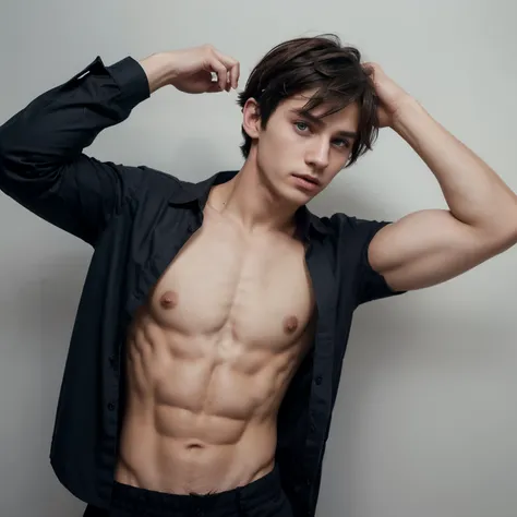 Dark haired boy, bangs covering forehead, messy hair, blue eyes, alternative clothing, black unbuttoned shirt, abs, 6-pack abs, teenage boy, pale skin, white skin, sharp jawline