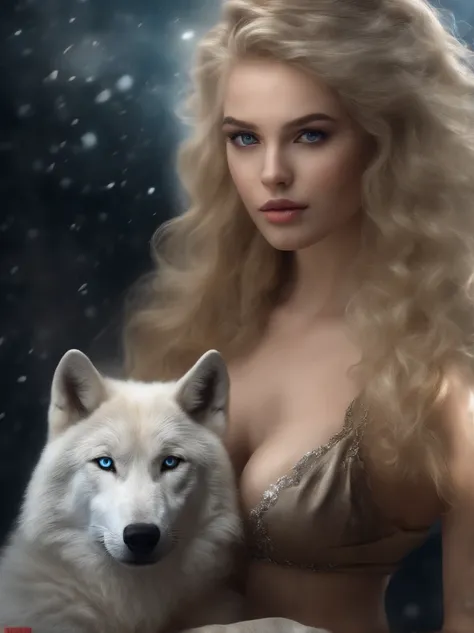 (tmasterpiece), (topquality), (more detailed), (8K), (电影灯光), (Sharp focus), (Precise Anatomy), (photo realism:1.5), (Fantasy art), Beautiful woman and white wolf, beautiful girl raised by a white wolf, next to the wolf, The wolf approaches the viewer with ...