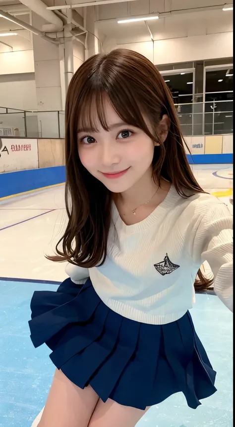 a photo of a girl, skating in small indoor temporary skating rink in a shopping mall, temporary, the girl is smiling and laughing, she has long, brown hair and brown eyes, and the rink is full of other people skating, skate shoes with edge,  skating,
weari...