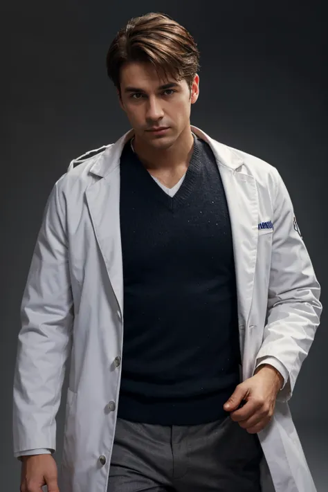 create an image of a male doctor in a realistic white coat