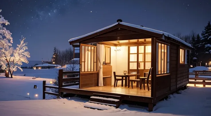 Jovem observando a neve cair a noite pela janela de uma cabana aconchegante no meio da floresta