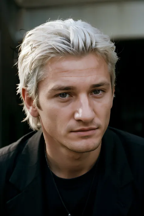 white haired, sean penn, 1999, young man, dressed in black passport sized, close up short, looking at camera