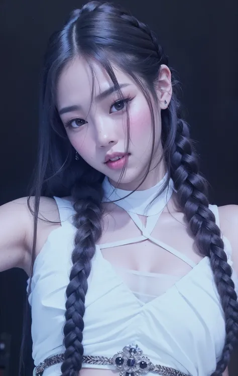 Curly Asian woman with long hair, wearing a white blouse and braids, jennie blackpink, jossi do blackpink, com rabo-de-porco preto, penteado pigtails, penteado twintails, jisoo do blackpink, Parque Roseanne do Blackpink, dois penteados pigtails, Jisoo do B...