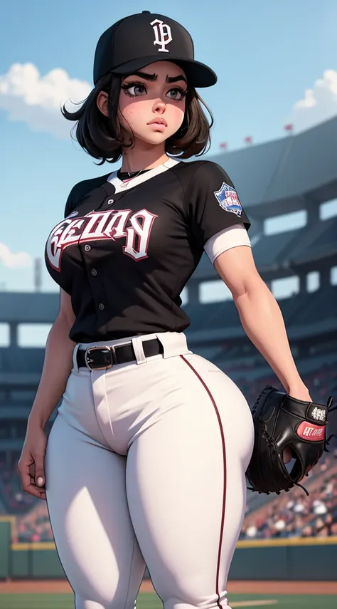 Girl baseball pitcher player in throwing position with ball in hand and glove, piel blanca con pecas, gorra de baseball, cabello largo negro, Slim thicc, slim build small breasts, cintura delgada, caderas muy anchas, muslos gruesos, piernas largas, hip dip...