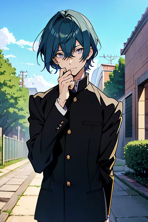 garoto jovem, blue hair, bob hair cut, blue eyes, wearing black student outfits, black gakuran, anime boy, cute anime pose,goro ...