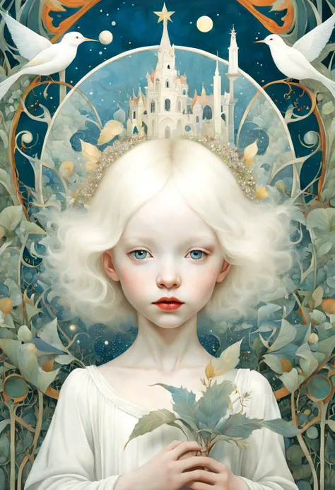 high quality, highly detailed, fantasy, At the forefront of this enchanting scene stands a fantastical 4 year old albino girl, a harmonious fusion of the whimsical beings imagined by Richard Burlet, Ida Rentoul  and Iris Esther  and the organic fluidity fo...