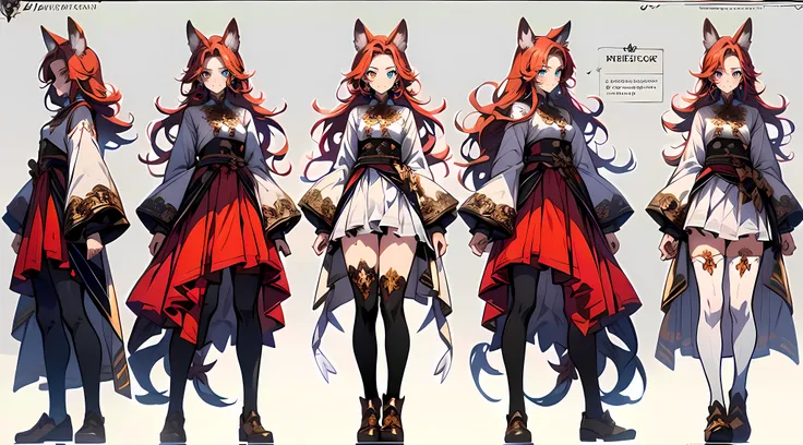 （（tmasterpiece）），（（（（Best quality at best））），（character design sheet，Same character，the street，Lateral face，Take a step back），(Whole-body proportions)，Long red hair，heterochromatic eyes，ssmile，Wolf ears，Wolf tail，One tail，Common，Detailed faces，detailed hai...