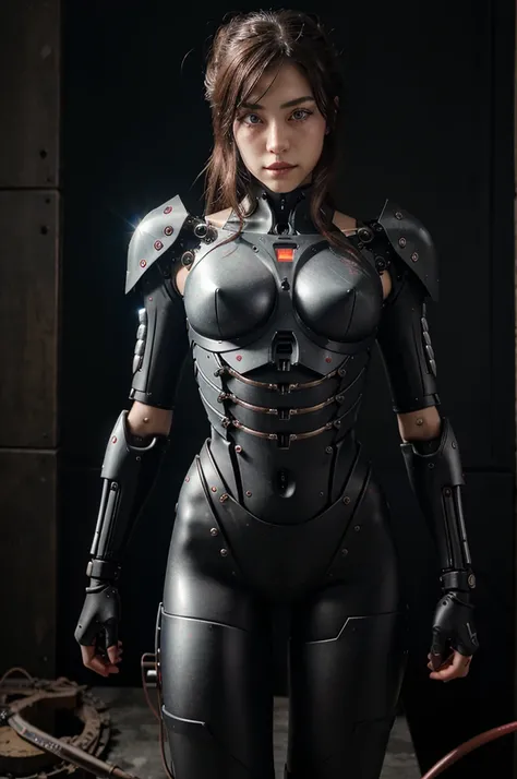 (Fierce battle with demonic beasts)、Highest quality、masterpiece、High resolution、(Photorealistic:1.4)、RAW photo、1 woman、cybord body、glowing skin、(((1 mechanical woman)))、one knife hand 、（Metal suit）、（wearing a mechanical helmet）、(robot laboratory background...