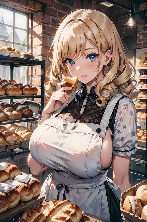 absurd, 8K, high resolution, Ultra-detailliert, beautiful, Meisterwerk, best quality, very pretty woman, Jung, blondes Haar, Baker, apron (very huge breasts: 1.3), (Locken: 1.6), detailliertes Frauengesicht, Sehr attraktiv, In der Backstube, Brote,