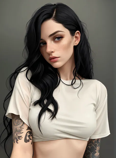 (best quality,4k,highres:1.2),ultra-detailed,realistic,photorealistic,portrait,dark vintage cafe,girl,beautiful detailed eyes,beautiful detailed lips,extremely detailed eyes and face,long eyelashes,less freckles,few freckles,1 small mole on her stomach,vis...