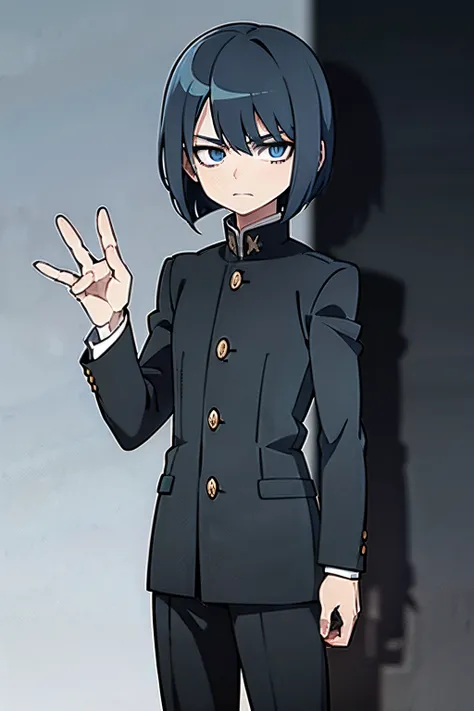 garoto jovem, blue hair, bob hair cut, blue eyes, wearing black student outfits, black gakuran, anime boy, shy face, cute anime pose, hd, masterpiece, best quality, grey filter, 4k, anime