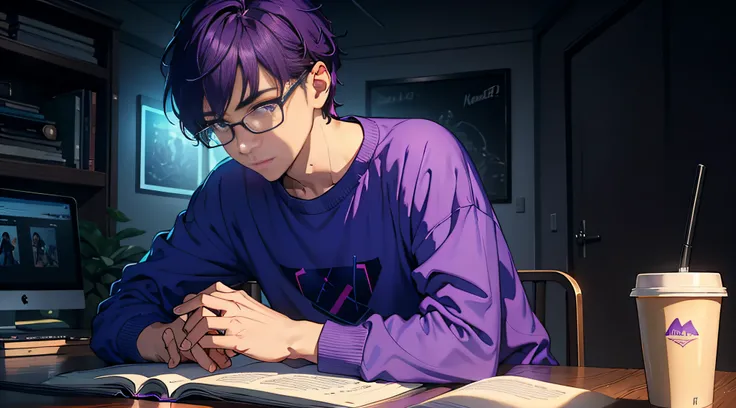 4K,8K,Best quality, Masterpiece, ,High definition, 8K, Masterpiece, Best quality, A boy, with glasses, studying, at the computer, with a cup of cofffe, he is attractive, wearing a sweather with long sleeves, blue and purple, synthwave colors, retro, at dus...