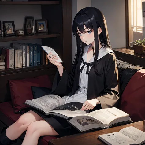 1人、girl with、Long black hair、unclear、Reading a book、sitting on