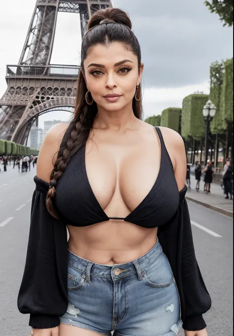 50 year old mature MILF Aishwarya Rai, sexy black denim mini shorts and ((no top, bare breastposing thighs and nipple)), ankle boots, deep cleavage show, ((high ponytail hair)), athletic curvaceous milf body, hourglass milf figure, ((perfect breasts)), sed...