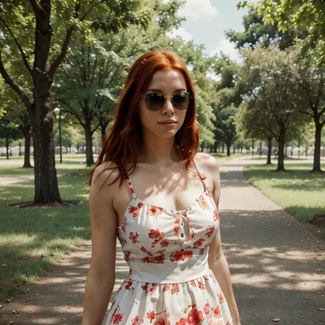 Create a realistic photo of a red-haired woman with the same face as this picture, wearing a summer dress and sunglasses, walking in a park!