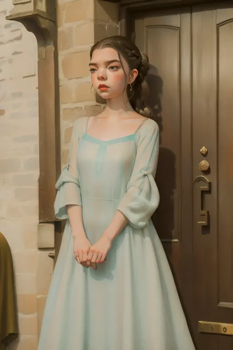 1136, Kingsbridge, England. otherworldly scene in the streets of a medieval town, ((((27-year-old)) Anya Taylor-Joy)), angry, frowning, ((((poor plain tunic gown from the 12th century)))), ((Hairstyle of the 12th century)), ((Wes Anderson cinematic style))...