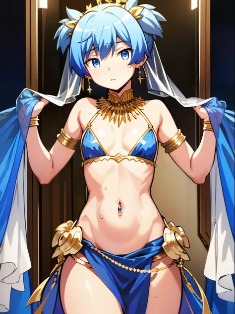 masterpiece, best quality, high quality, 1boy, solo, male focus, looking at viewer, Shiota_nagisa, Blue hair, Blue eyes, Short twintails, Shy, Sweat, Transparent veil covering the head, Transparent veil covering the mouth, Transparent veil covering the wai...