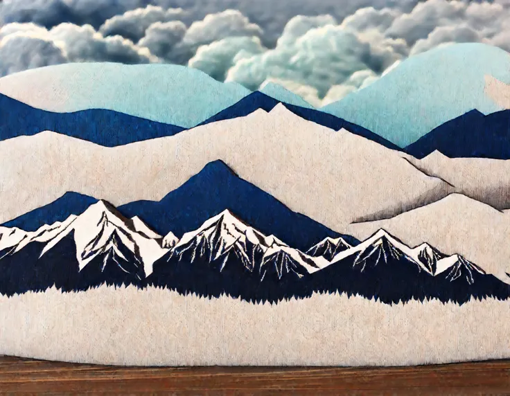 Canvas embroidery style, embroidered canvas featuring snow-capped mountain peaks and stormy skies, embroidery