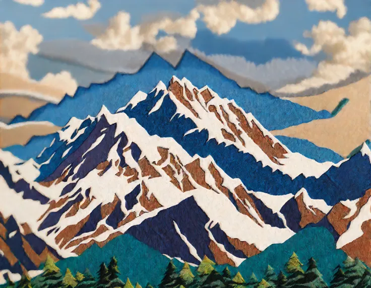 Canvas embroidery style, embroidered canvas featuring snow-capped mountain peaks and stormy skies, embroidery