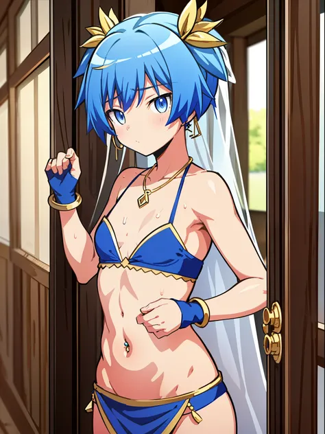 masterpiece, best quality, high quality, 1boy, solo, male focus, looking at viewer, Shiota_nagisa, Blue hair, Blue eyes, Short twintails, Shy, Sweat, Transparent veil covering the head, Transparent veil covering the mouth, Transparent veil covering the wai...