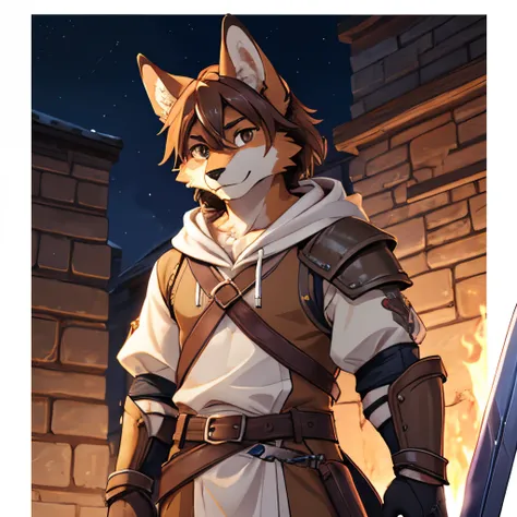 furry, male, brown fox, long dark brown hair, pair of brown eyes, medieval age, wearing half of an armor in white, wearing white...