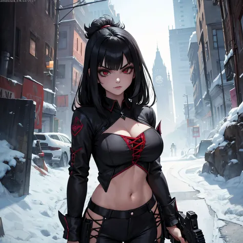 Make a vampire gothic girl with longe Black hair with Bangs, The girl are using combate clothes and have a A gun in your hand