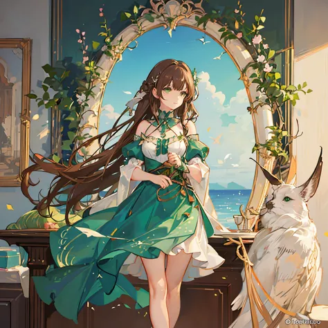 a sea nymph with flowing, chestnut-brown hair stands by the glistening shoreline. Her enchanting emerald-green eyes mirror the depths of the sea as she gazes upon the horizon, embodying the ethereal beauty of the ocean.