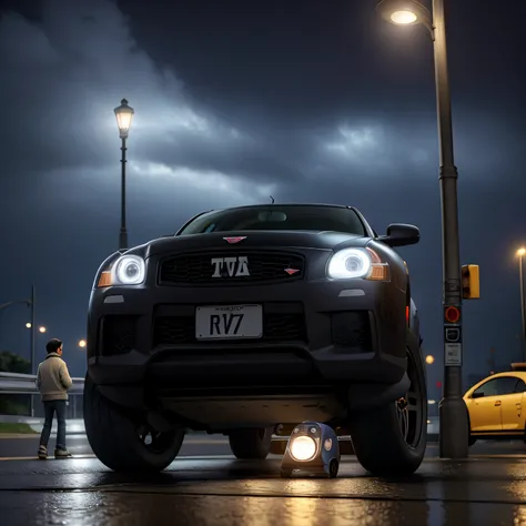 Descreva a cena de um jovem com capuz, wearing a black sweatshirt and jeans, standing on the sidewalk on a rainy night. He is looking at a shiny GTR R35 car passing on the road., Your admiration visible in your eyes. The light from the headlights reflects ...