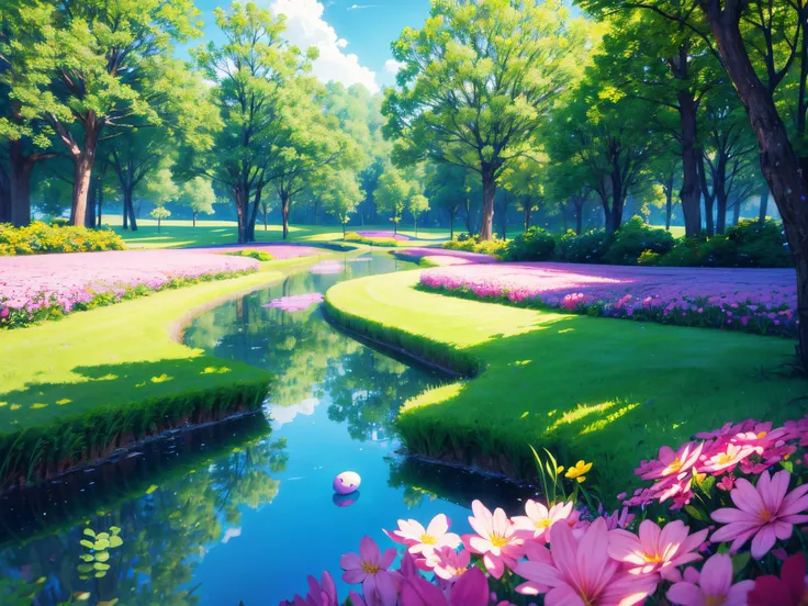 Pan across a wide, Easter-themed landscape where 3D basic symbols and shapes blossom like flowers. Create a visually stunning scene celebrating both nature and simplicity.