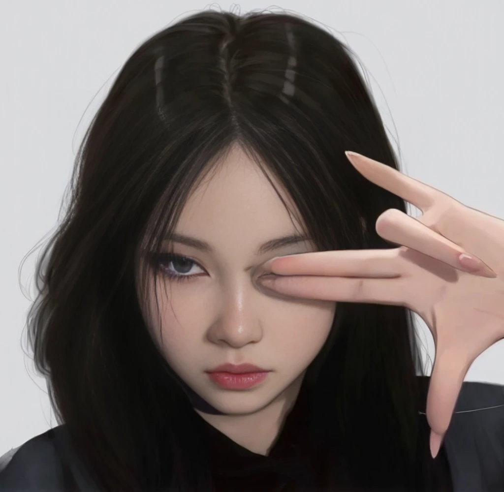 anime girl with long black hair and purple eyes holding her hand to her face, inspired by Yanjun Cheng, artwork in the style of guweiz, portrait jisoo blackpink, anime realism style, portrait of jossi of blackpink, realistic anime 3 d style, semirealistic ...