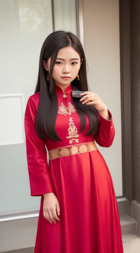 here is a woman standing outside holding a cell phone, a portrait inspired by Ruth Jên, instagram, realism, ao dai, my linh, she is about 1 6 years old, half naked, red dress