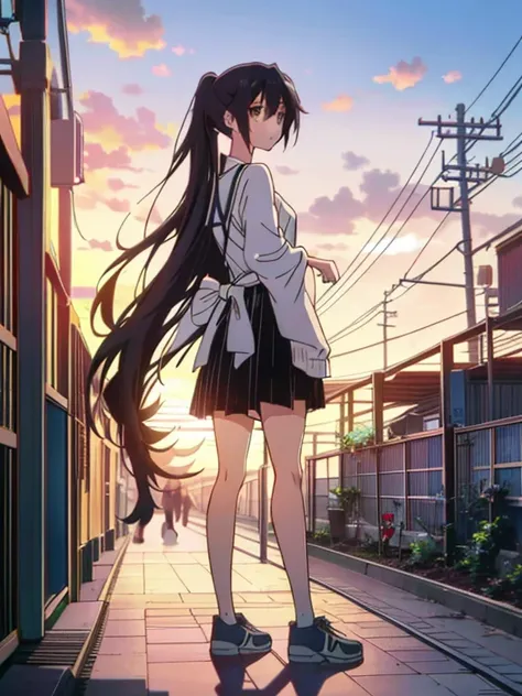 Cool girl，Outdoor sports，show her long hair，A very,、Very long ponytail，extra long black hair，Hair as long as height， 2d ，Japanese anime， female high-school student，bigger，Best quality at best, fully body photo。I wasnt wearing any clothes。