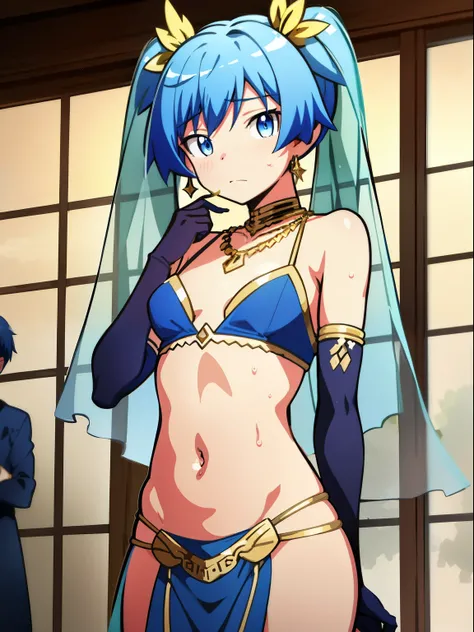 masterpiece, best quality, high quality, 1boy, solo, male focus, looking at viewer, Shiota_nagisa, Blue hair, Blue eyes, Short twintails, Shy, Sweat, Green theme, Transparent veil covering the head, Transparent veil covering the mouth, Transparent veil cov...