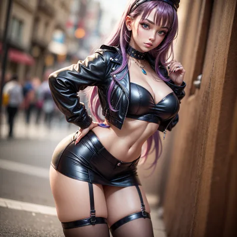 8k, A beautiful 17-year-old blonde woman, purple hair, black hair headband, green eyes, sexy black fitted leather miniskirt, open leather jacket without a bra, detail of body and face, defined thighs, beautiful buttocks, black garter belt, ((no panties)), ...