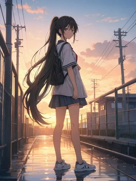 Cool girl，Outdoor sports，show her long hair，A very,、Very long ponytail，extra long black hair，Hair as long as height， 2d ，Japanese anime， female high-school student，The large，Best quality, Full body photo。I wasnt wearing any clothes。