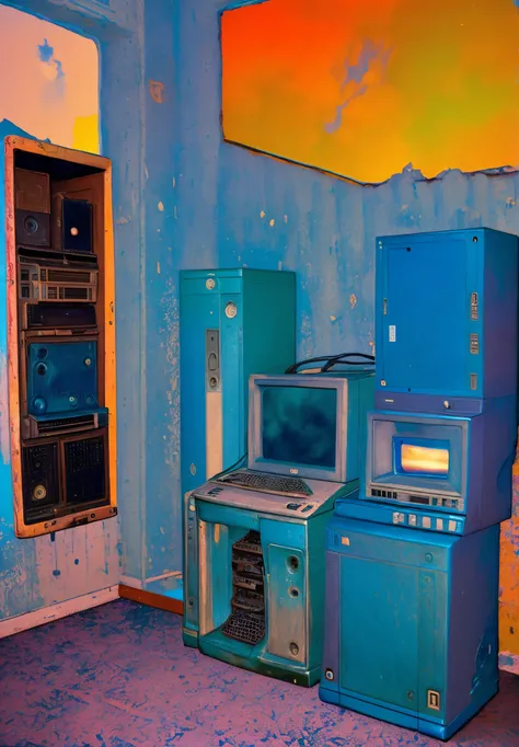 dreamcore,blue_sky,scenery,(old computer in the room:1.4),realistic,high contrast,building, dirty, (eyes on the wall:1.1), ATM, neon colors, dream, 80s