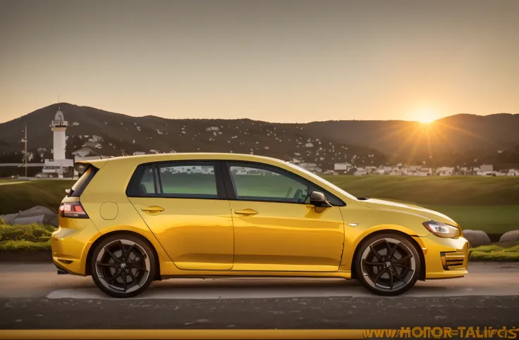 Arafed&#39;s light yellow car is parked on the road near a pond, shot at golden hour, high picture quality, Hyper-realistic", Hyper-realistic", car commercial photograph, View your profile, wide image, 🤬 🤮 💕 🎀, WRX Golf, see photos, 3840x2160, 3840 x 2160,...