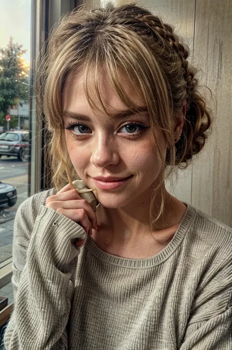 1 woman, blonde hair, hairstyle up with bangs, wearing a beige sweater, white wool gloves on her hand, (drinking coffee inside a cafe at sunset), very detailed, innocent face, blue eyes, high resolution, work masterful, best quality, intricate details, hig...