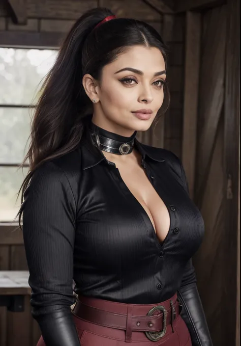 50 yo MILF Aishwarya Rai Bachchan, black jeans micro hot pants with red lumberjack shirt, ((thigh high boots)), ((ponytail hair)), bright sunny day scene, athletic curvy milf body, posing in barn, hourglass milf figure, perfect breasts, looking straight at...