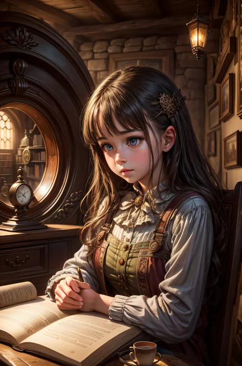 "photorealistic painting, ((captivating)) scene of a girl absorbed in reading, antique books, cozy hobbit cave, intricate clock ...