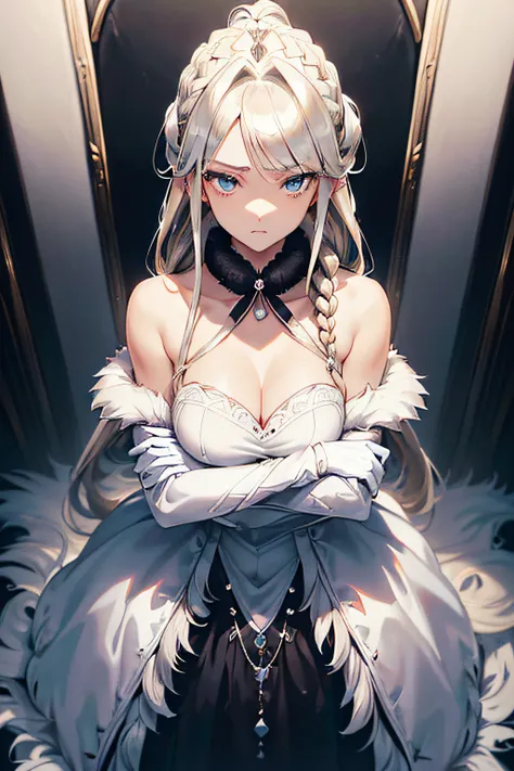 Anime style, high resolution, (masterpiece), 4k, (high detail), portrait, ((from above)), (full body), close up, ((1girl)), (((detailed silver blonde flowing hair tied in half-down braid))), ((((swept bangs hairstyle)))), (winged hairpin), ((bright sea blu...