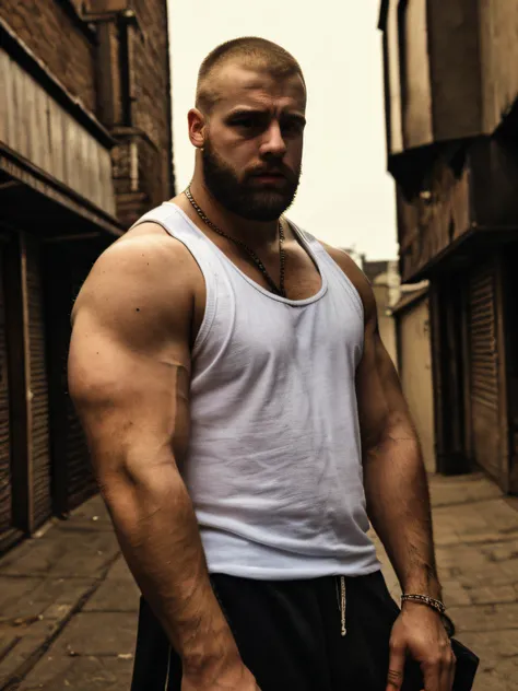 masterpiece, best quality, 1boy,  uncle, xxl, huge body, male, beard, chav, rough, dirty, white tank-top, Mancunian, mean, bully, druggy, skinhead, in the neighbourhood, big arms and pecs , realistic, dramatic lighting, atmospheric, intricate detail,