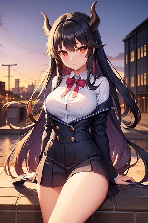 A beautiful girl in late teens. Oni horns and long hair. school uniform. Hime cut. large chest. City background. Senran kagura art style. Highschool dxd art style. 8k. Visual novel