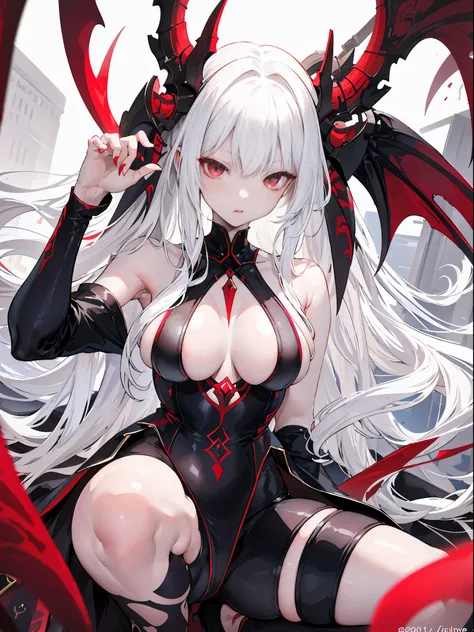 light skin color, white hair color long hair, Bigchest, 1:70, sexy for, succubi, Two tail, red eyes, A sexy pose, demons, 26 year old, succubus mark, The girl holds one, White hair, eBlue eyes, Mother and daughter.Squat down and open your legs